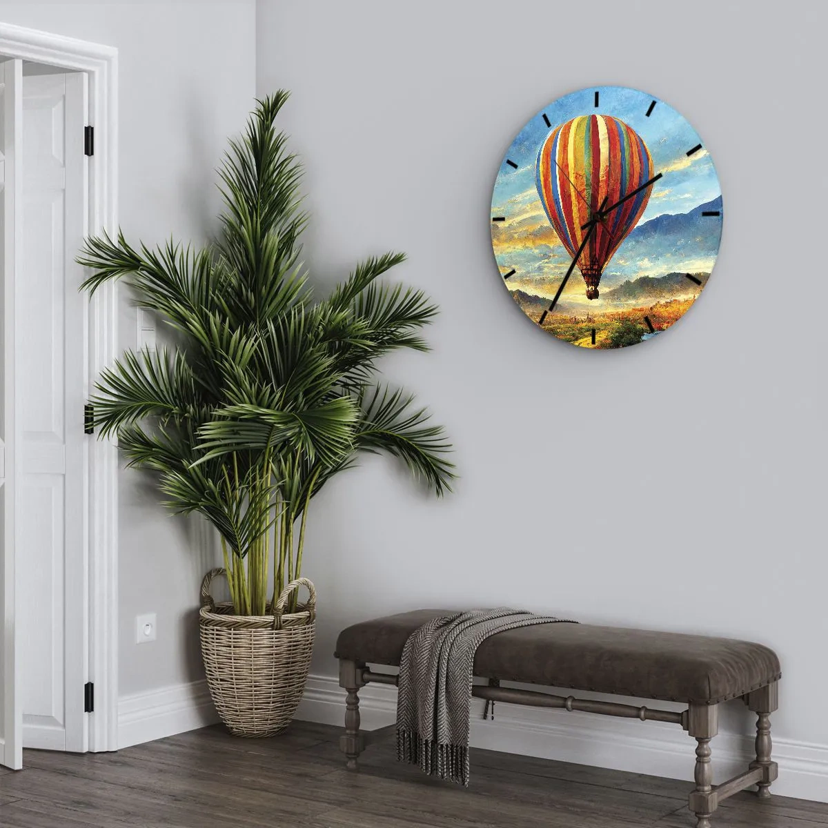 Relógio de parede - Relógio em vidro - Um balão colorido contra uma paisagem montanhosa ao nascer do sol - 30x30cm - Com silêncio enxergas mais - Decoração de parede moderna para a sala de estar, cozinha e quarto ARTTOR