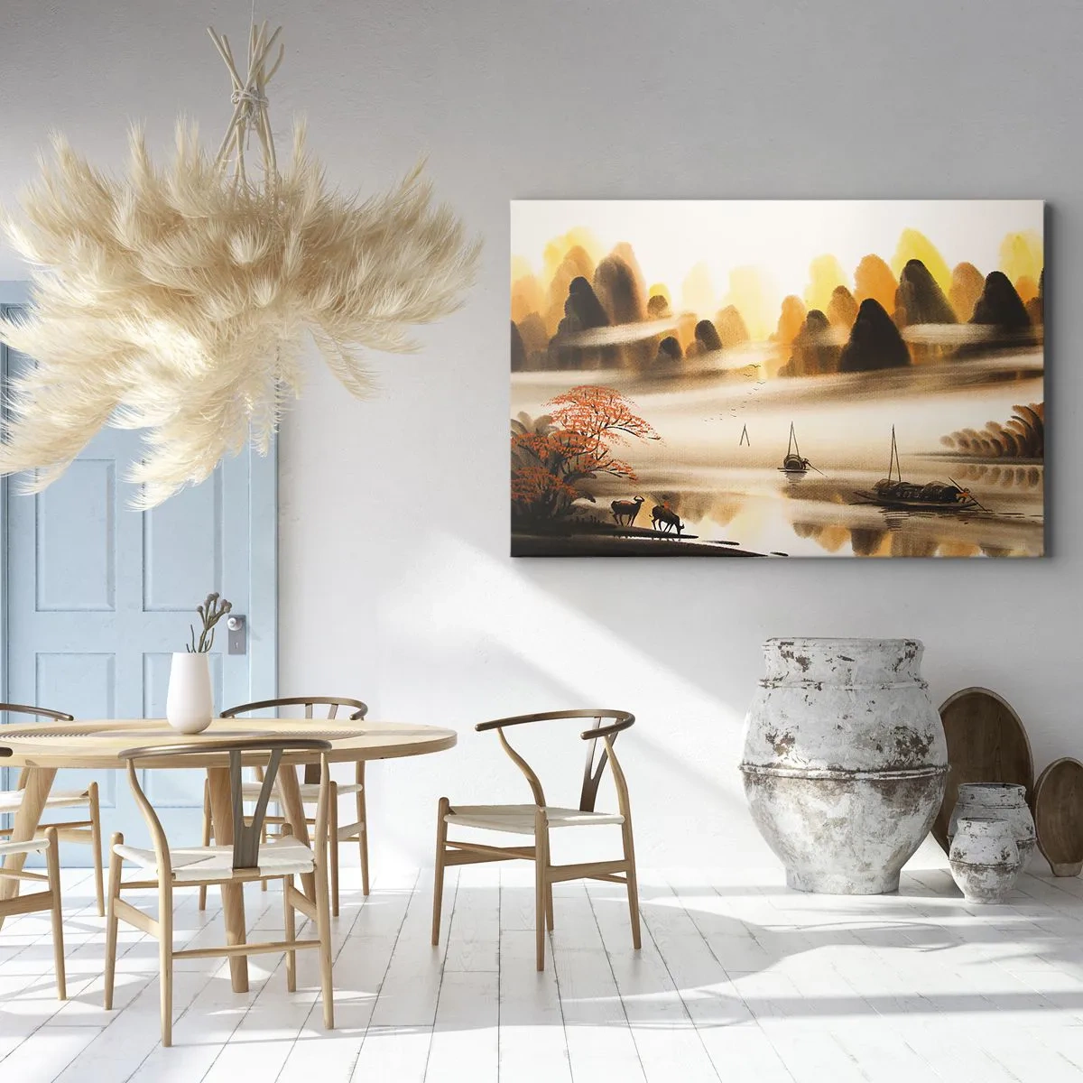 Quadro em tela - Uma paisagem oriental com um rio, montanhas e uma névoa suave. - 70x50cm - Além do Extremo Oriente - Decoração de parede moderna para a sala de estar e quarto ARTTOR