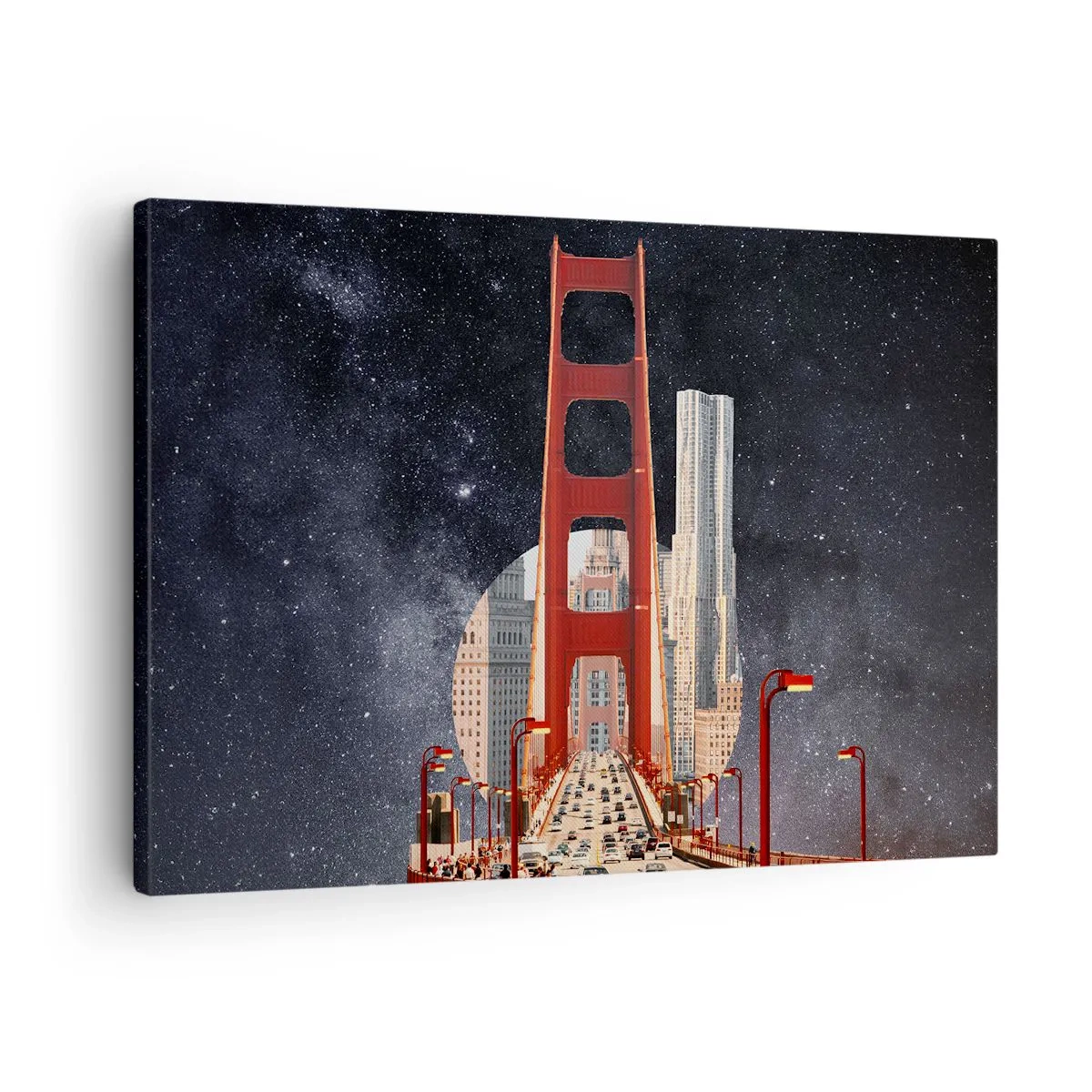 Quadro em tela - A Ponte Golden Gate com a cidade ao fundo contra um céu estrelado - 70x50cm - Sempre no centro - Decoração de parede moderna para a sala de estar e quarto ARTTOR