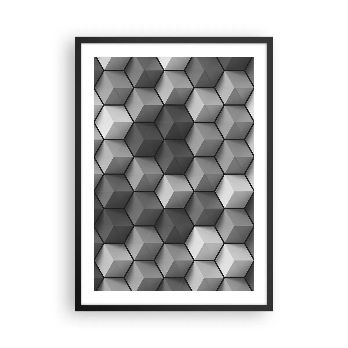 Pôster com moldura preta - Composição em preto e branco de cubos geométricos 3D - 50x70cm - Quebra-cabeça cubista - Decoração de parede moderna para a sala de estar e quarto ARTTOR