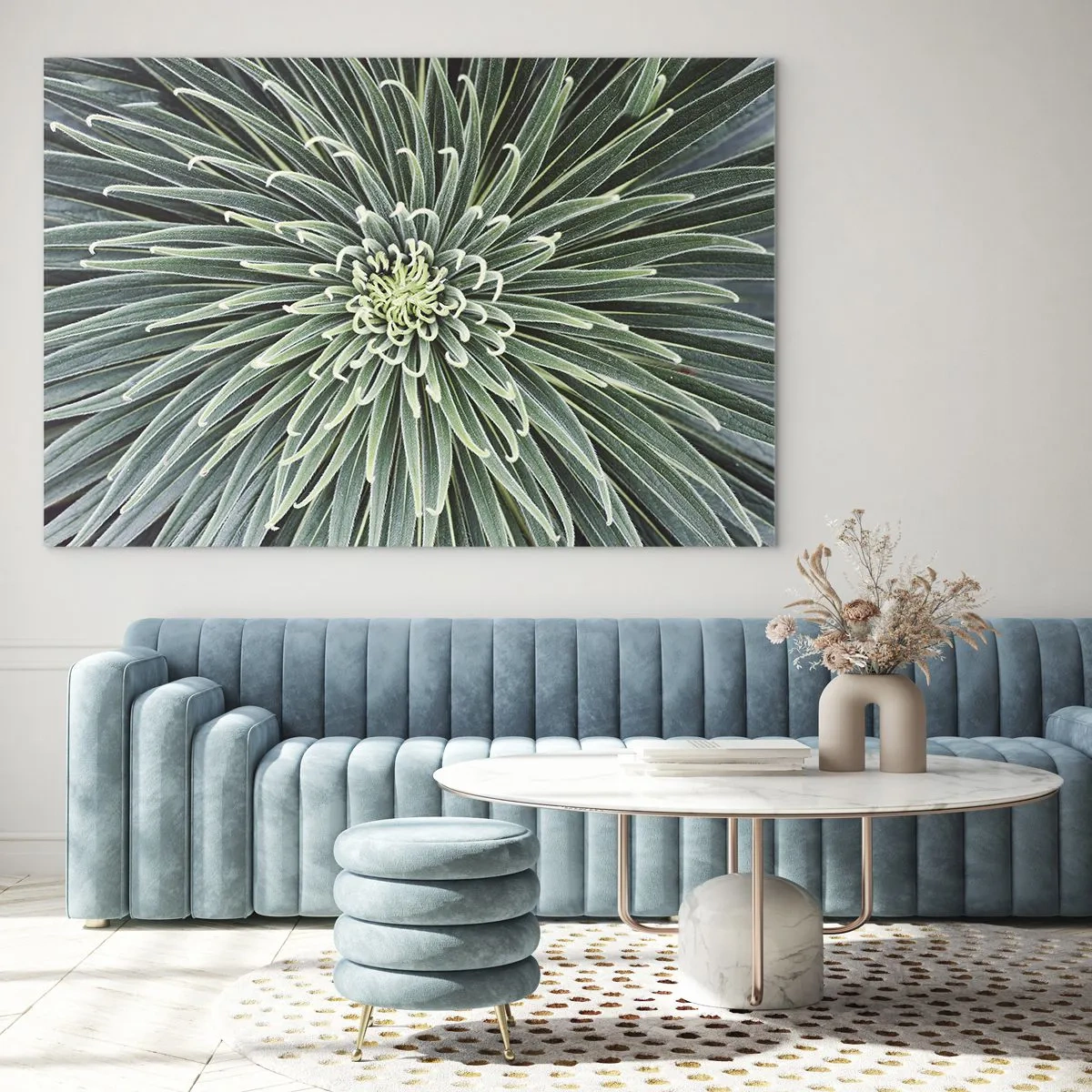 Quadro em vidro - Roseta simétrica de folhas verdes em macrofotografia - 70x50cm - Nasce uma estrela - Decoração de parede moderna para a sala de estar e quarto ARTTOR