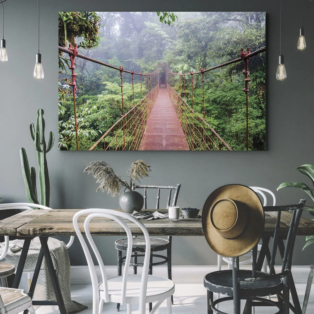 Quadro em tela - Uma ponte suspensa em uma selva tropical cercada por neblina - 70x50cm - Suspenso acima das copas - Decoração de parede moderna para a sala de estar e quarto ARTTOR