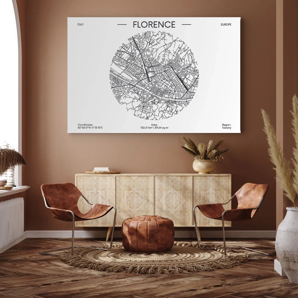 Quadro em tela - Um mapa de Florença em um estilo minimalista em preto e branco - 70x50cm - A anatomia de Florença - Decoração de parede moderna para a sala de estar e quarto ARTTOR