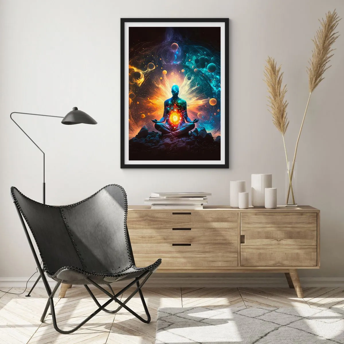 Pôster com moldura preta - Uma figura meditando em uma aura cósmica cheia de energia - 50x70cm - Paz cósmica - Decoração de parede moderna para a sala de estar e quarto ARTTOR