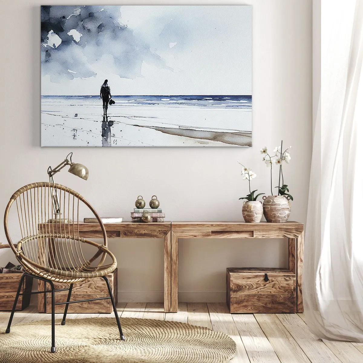 Quadro em tela - Uma figura em uma praia em um ambiente de mar calmo - 70x50cm - Conversa com o mar - Decoração de parede moderna para a sala de estar e quarto ARTTOR