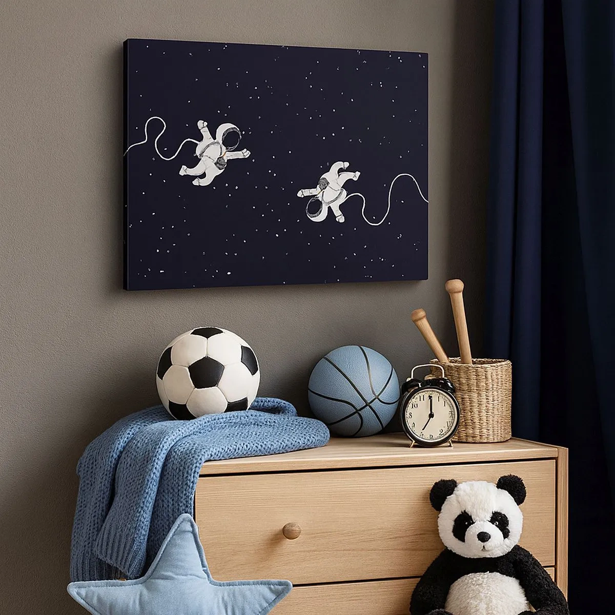 Quadro em tela - Astronautas flutuando no espaço com um cenário de estrelas - 70x50cm - Emaranhado Cósmico - Decoração de parede moderna para a sala de estar e quarto ARTTOR
