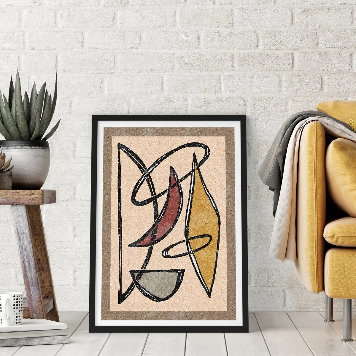 Pôster com moldura preta - Composição geométrica abstrata em tons de bege e preto - 50x70cm - Composição – arcos e ovais - Decoração de parede moderna para a sala de estar e quarto ARTTOR