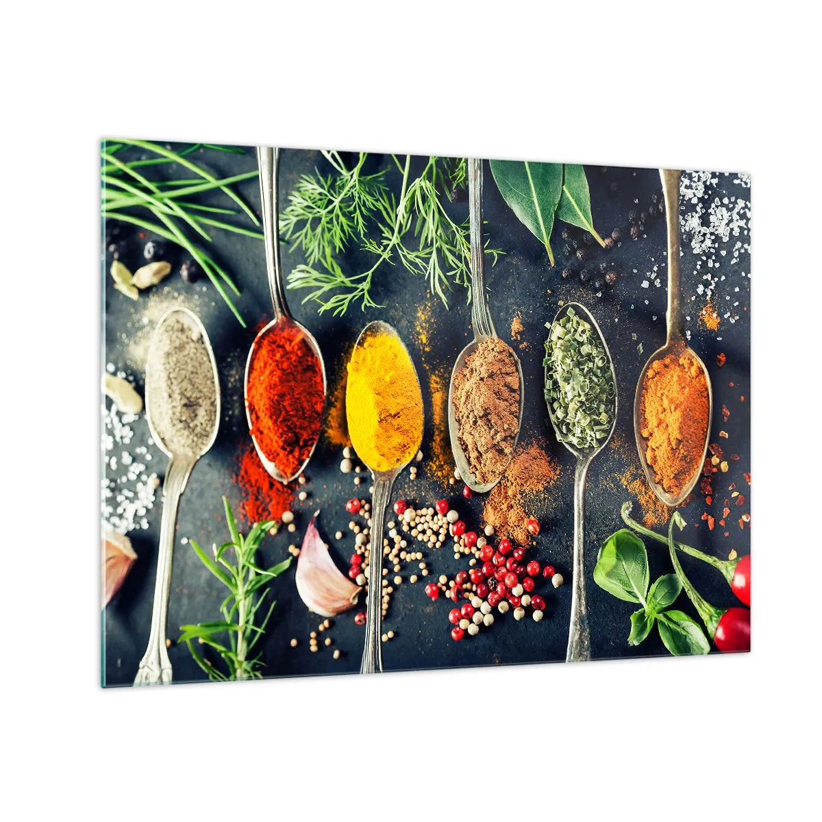 Quadro em vidro - Especiarias coloridas em colheres rodeadas por ervas e vegetais frescos - 70x50cm - Magia culinária - Decoração de parede moderna para a sala de estar e quarto ARTTOR