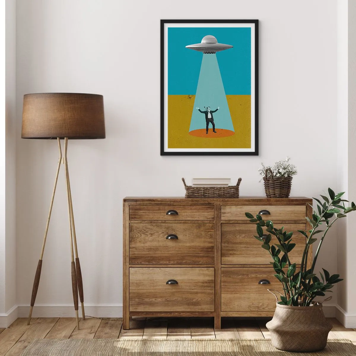 Pôster com moldura preta - Ilustração retrô de uma abdução por OVNI - 50x70cm - Encontro próximo - Decoração de parede moderna para a sala de estar e quarto ARTTOR