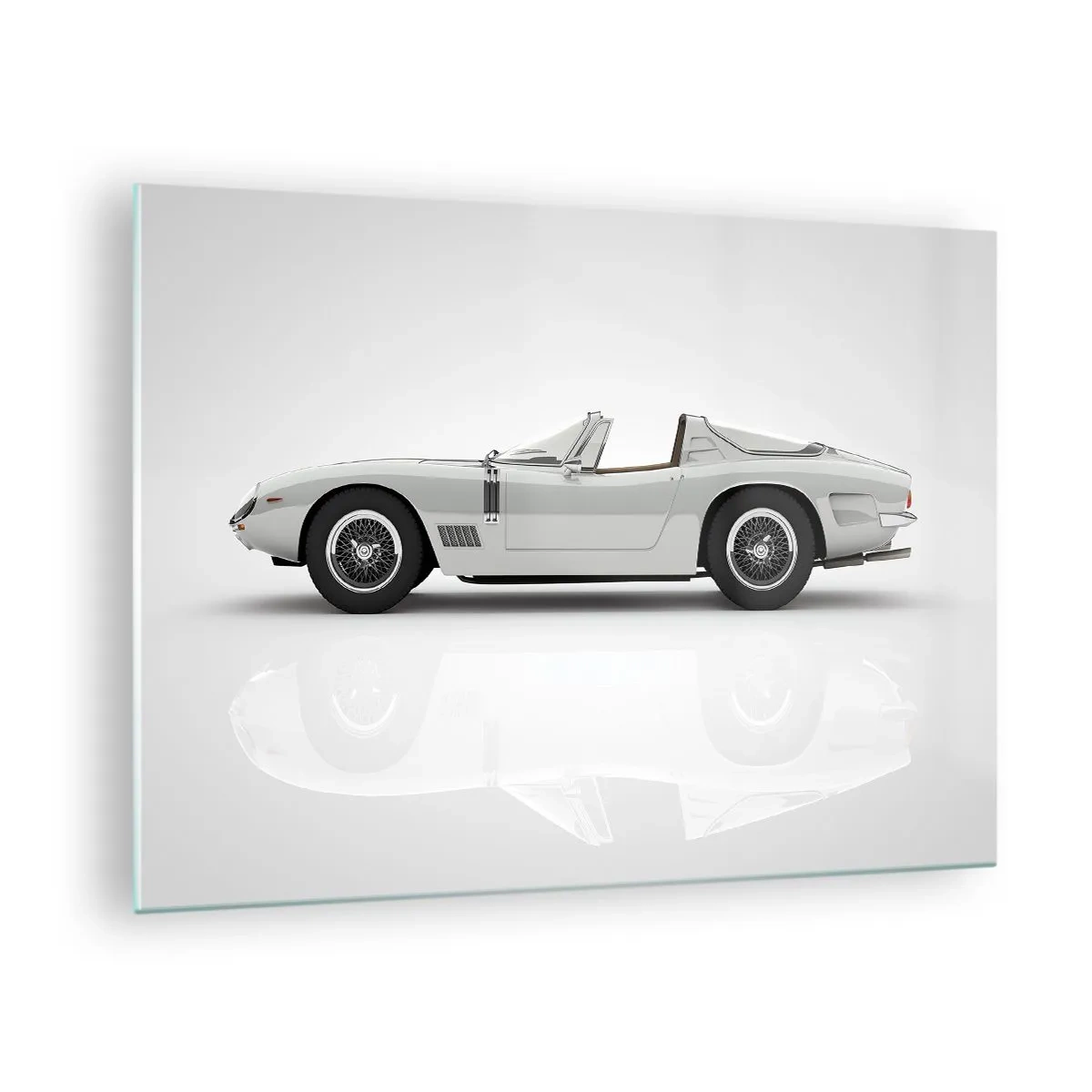 Quadro em vidro - Um conversível branco clássico sobre um fundo minimalista com reflexos. - 70x50cm - A promessa de diversão - Decoração de parede moderna para a sala de estar e quarto ARTTOR