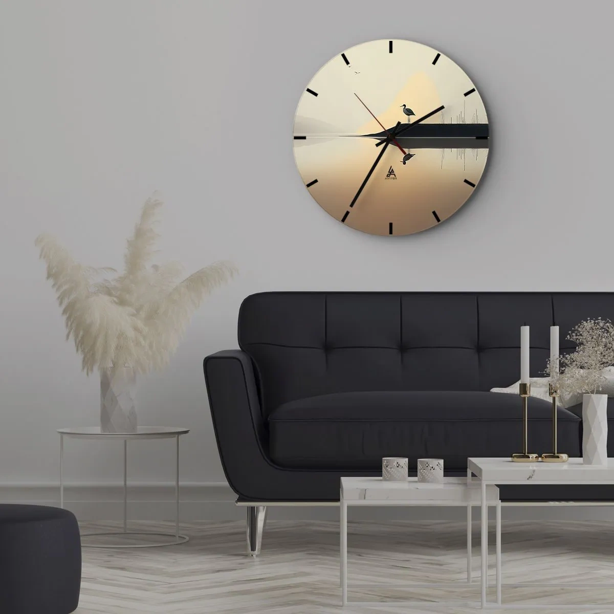 Relógio de parede - Relógio em vidro - Silhueta de um pássaro em uma rocha acima de um lago calmo ao amanhecer - 30x30cm - Senhor no lago - Decoração de parede moderna para a sala de estar, cozinha e quarto ARTTOR