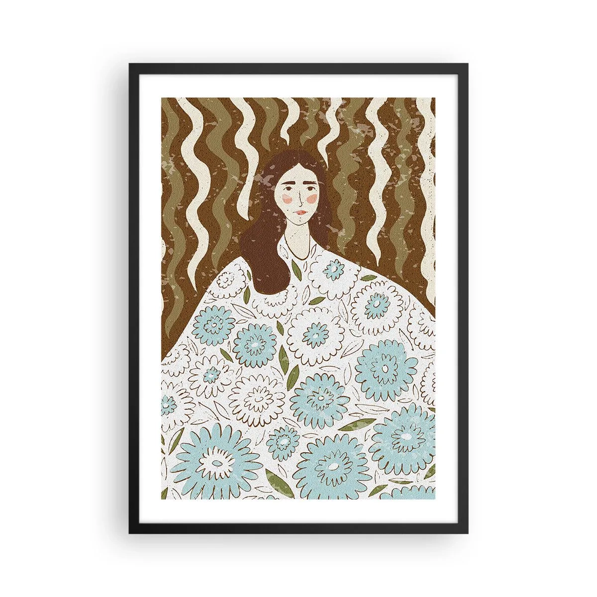 Pôster com moldura preta - Retrato estilizado de uma mulher com um vestido floral sobre um fundo de padrões ondulados. - 50x70cm - Retrato em um manto floral - Decoração de parede moderna para a sala de estar e quarto ARTTOR