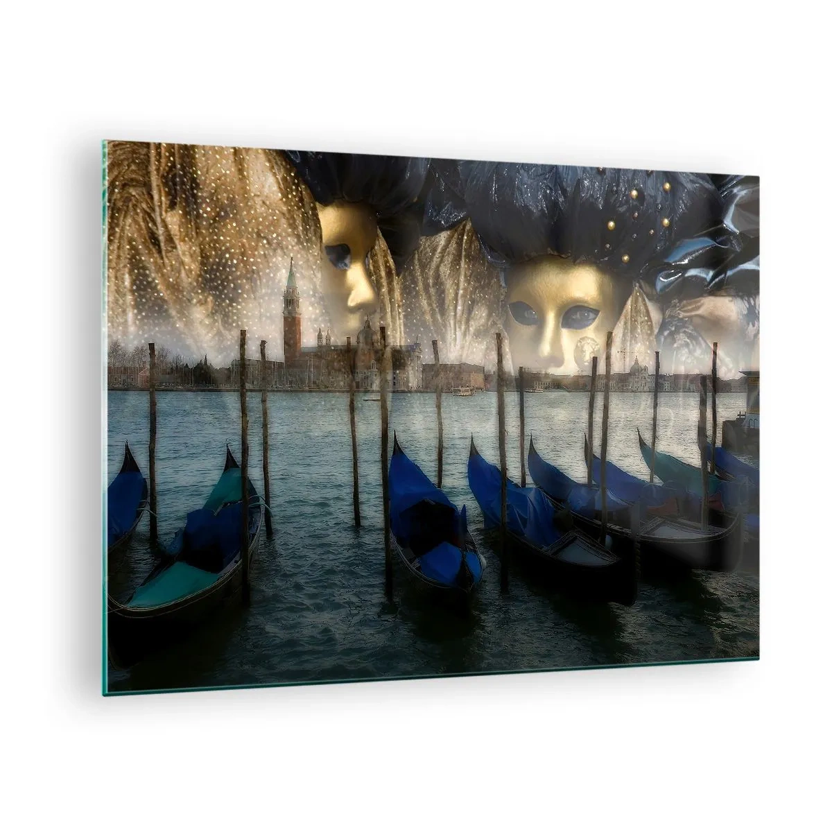 Quadro em vidro - Veneza com gôndolas e máscaras de carnaval - 70x50cm - Hora do Carnaval - Decoração de parede moderna para a sala de estar e quarto ARTTOR