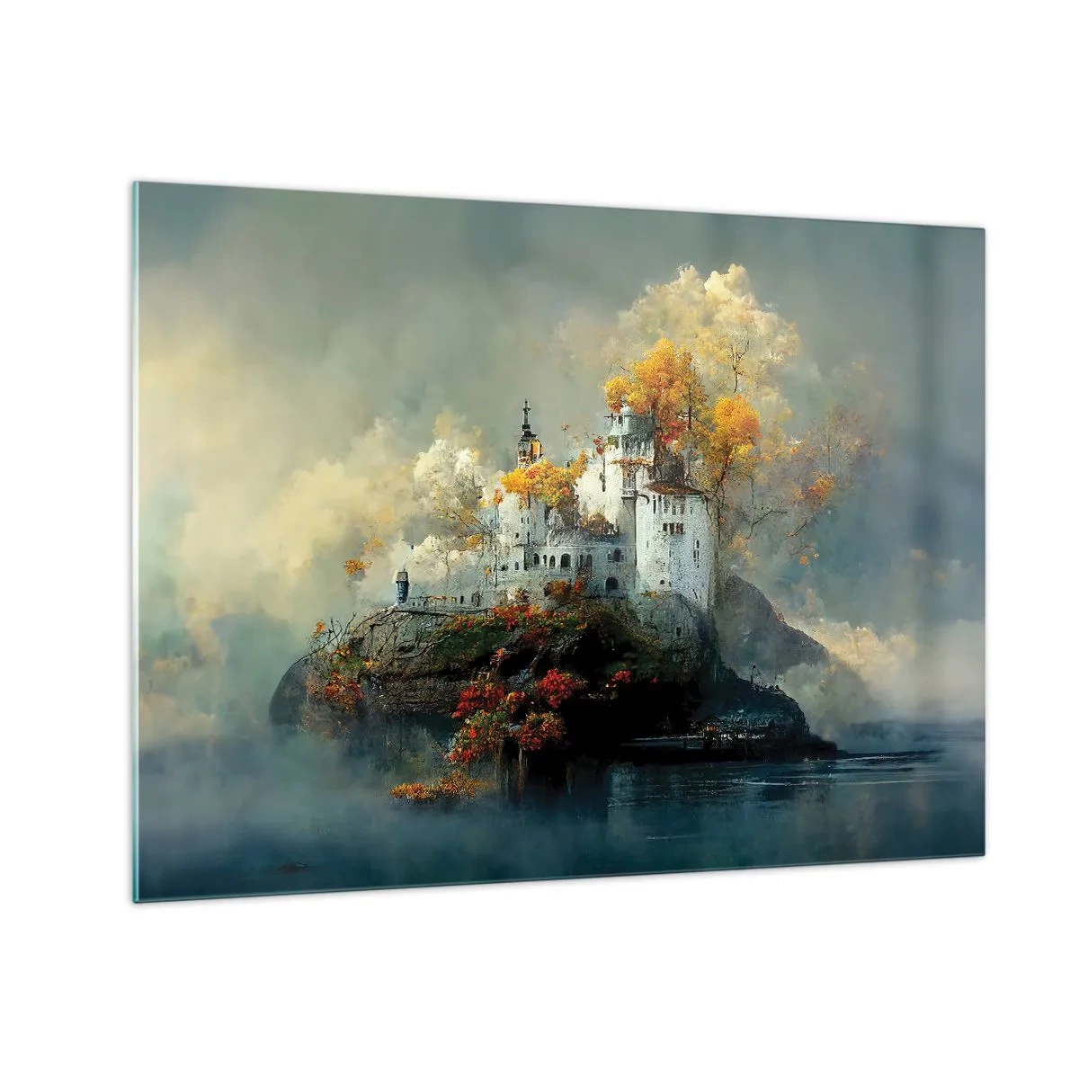 Quadro em vidro - Um castelo sobre uma rocha cercado por neblina e árvores de outono - 70x50cm - O começo de uma história romântica - Decoração de parede moderna para a sala de estar e quarto ARTTOR