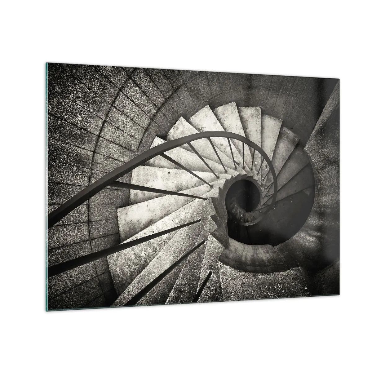 Quadro em vidro - Uma escada em espiral preta e branca vista de um pássaro - 70x50cm - Suba as escadas, desça as escadas - Decoração de parede moderna para a sala de estar e quarto ARTTOR