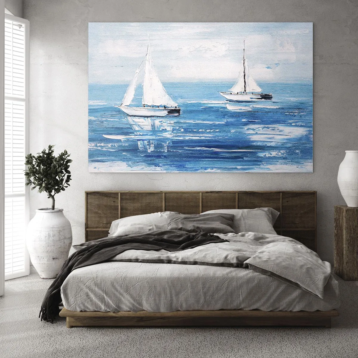 Quadro em vidro - Dois veleiros brancos em um mar azul calmo - 70x50cm - Com um amigo ao meu lado - Decoração de parede moderna para a sala de estar e quarto ARTTOR