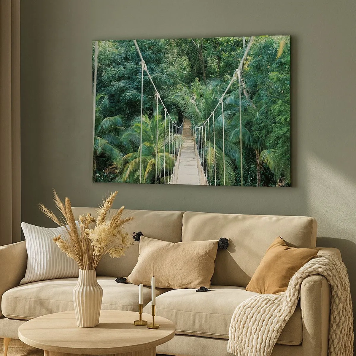 Quadro em tela - Uma ponte suspensa em uma selva tropical cheia de vegetação - 70x50cm - Bem-vindo à selva! - Decoração de parede moderna para a sala de estar e quarto ARTTOR