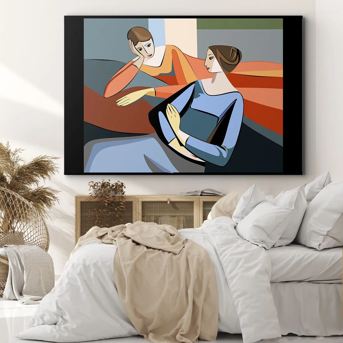 Quadro em tela - Ilustração abstrata de duas mulheres no estilo cubista - 70x50cm - Um momento de confiança - Decoração de parede moderna para a sala de estar e quarto ARTTOR