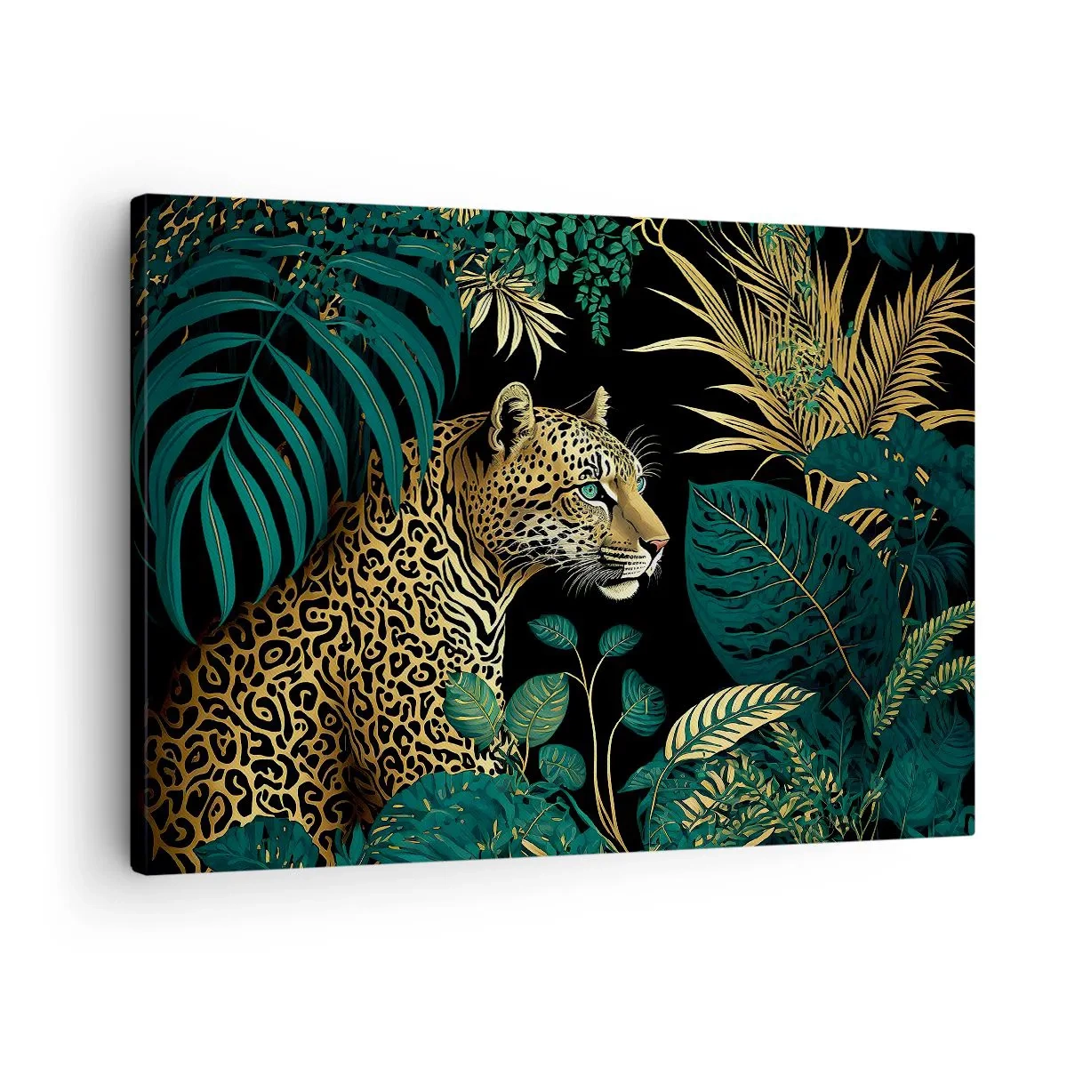 Quadro em tela - Leopardo em folhas tropicais em um fundo preto - 70x50cm - Um anfitrião na selva - Decoração de parede moderna para a sala de estar e quarto ARTTOR