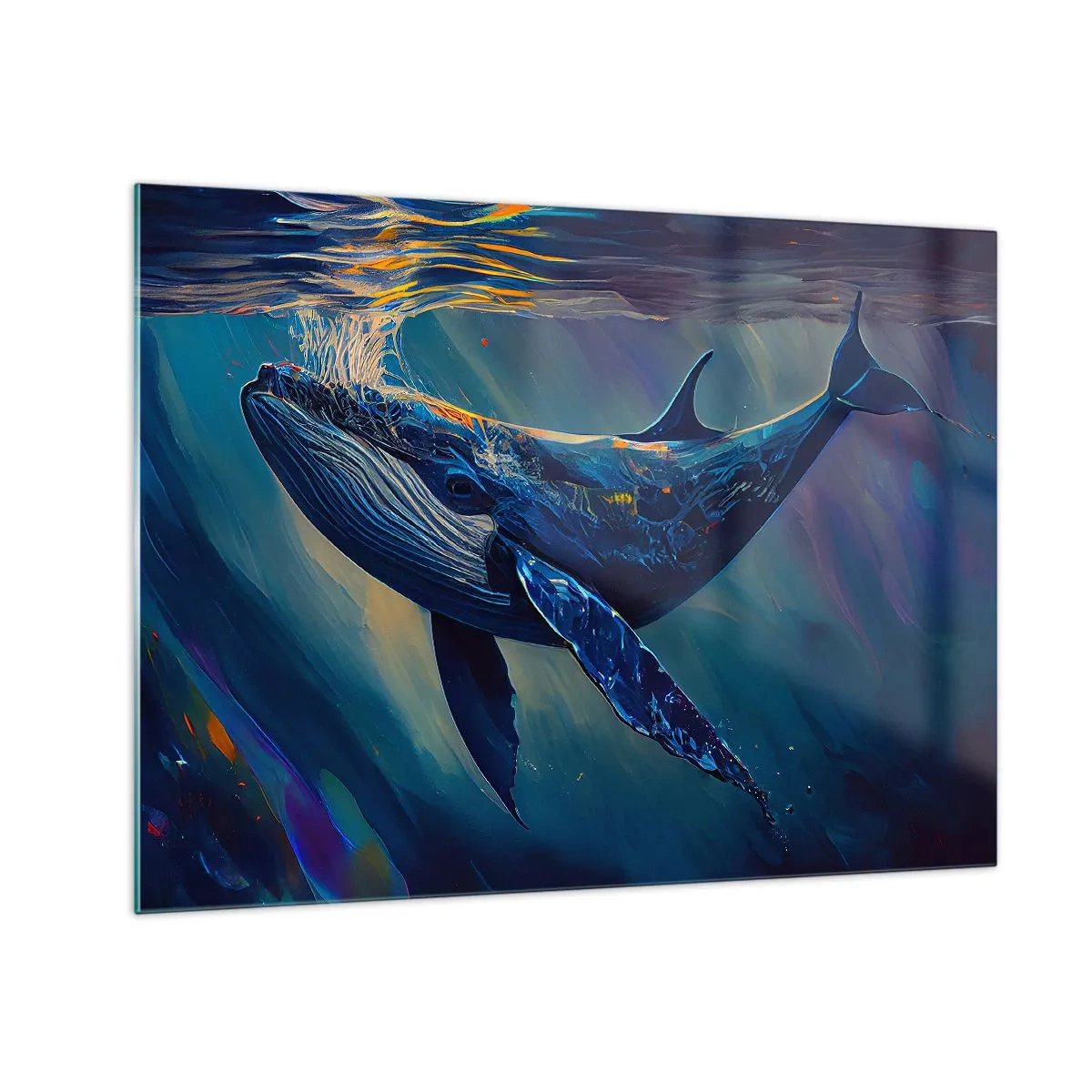 Quadro em vidro - Uma baleia flutuando sob a água sob a luz do sol - 70x50cm - Bem vindo ao meu mundo - Decoração de parede moderna para a sala de estar e quarto ARTTOR