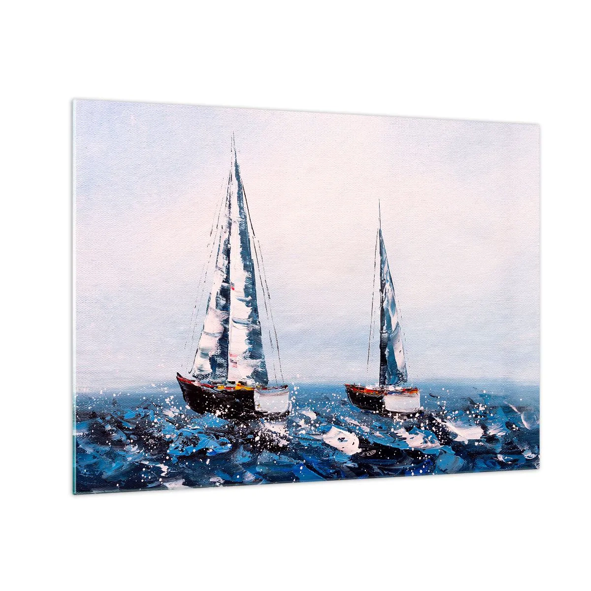 Quadro em vidro - Dois iates em um mar tempestuoso em um estilo pictórico impressionista. - 70x50cm - Irmandade do vento - Decoração de parede moderna para a sala de estar e quarto ARTTOR