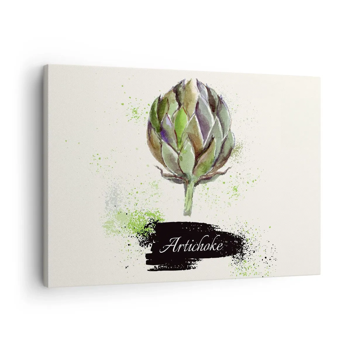Quadro em tela - Alcachofra em aquarela com texto sobre fundo claro com detalhes em verde - 70x50cm - Viva os vegetais! - Decoração de parede moderna para a sala de estar e quarto ARTTOR