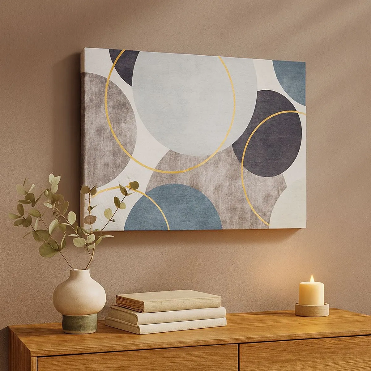 Quadro em tela - Círculos geométricos em tons de cinza, azul e dourado - 70x50cm - Roda por roda - Decoração de parede moderna para a sala de estar e quarto ARTTOR