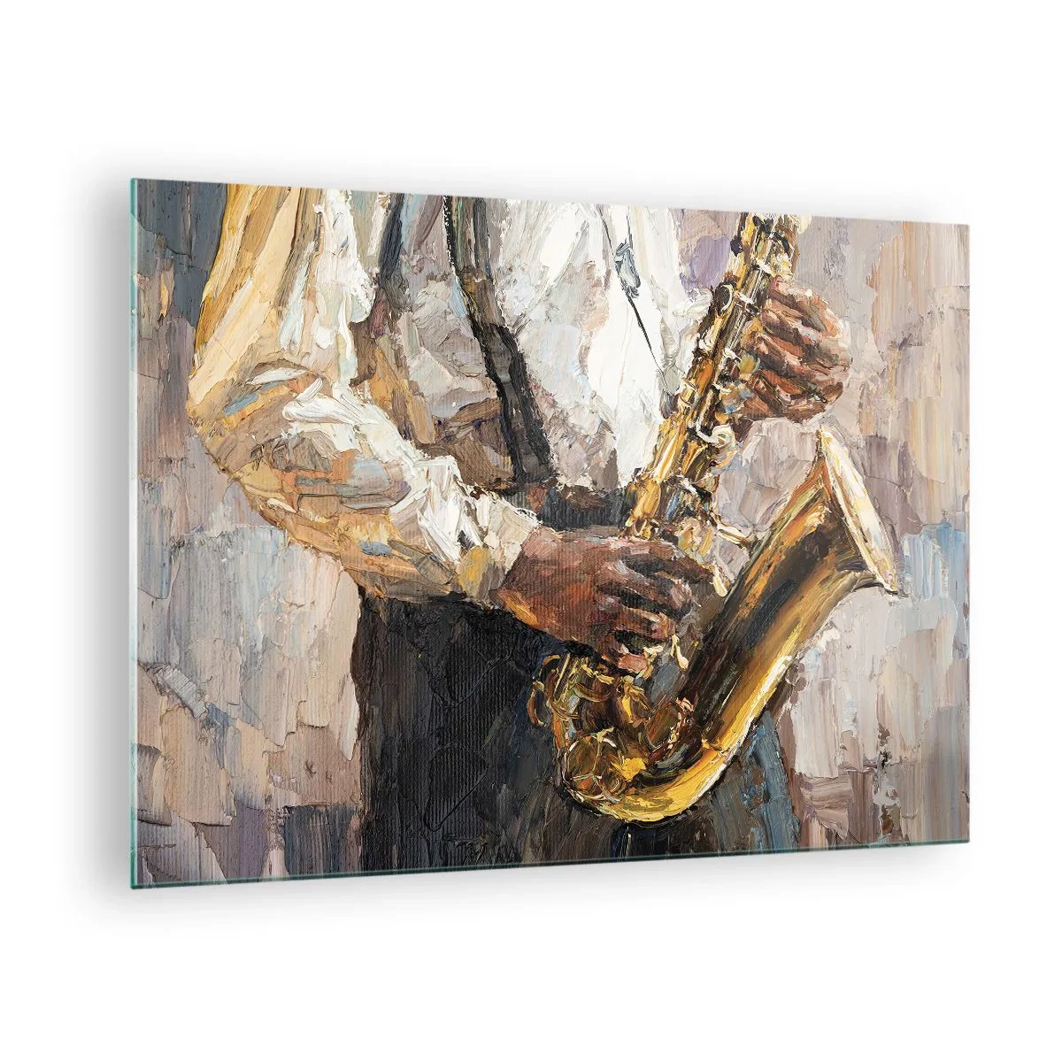 Quadro em vidro - Um músico tocando saxofone pintado usando a técnica de impasto - 70x50cm - Hora do solo - Decoração de parede moderna para a sala de estar e quarto ARTTOR
