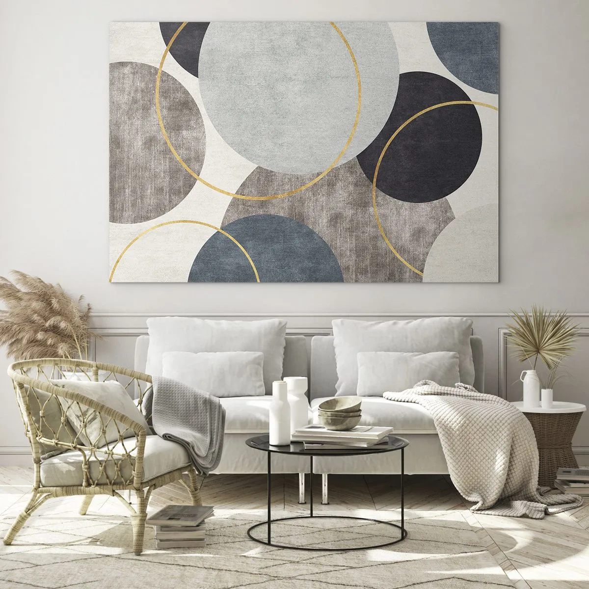 Quadro em vidro - Uma composição de círculos em cores suaves - 70x50cm - Roda por roda - Decoração de parede moderna para a sala de estar e quarto ARTTOR