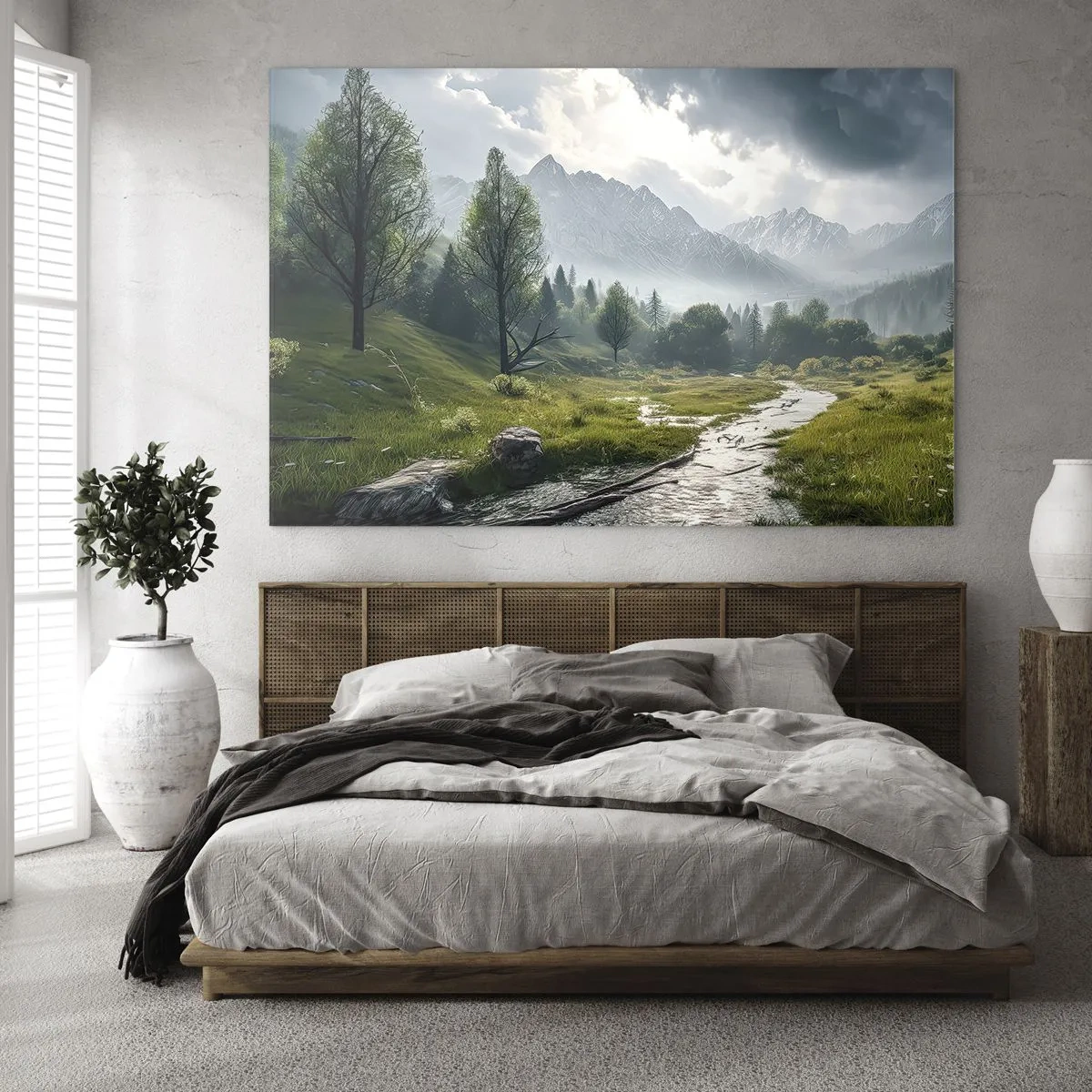 Quadro em vidro - Uma paisagem montanhosa com um riacho e um vale verde pela manhã - 70x50cm - Ida e volta - Decoração de parede moderna para a sala de estar e quarto ARTTOR