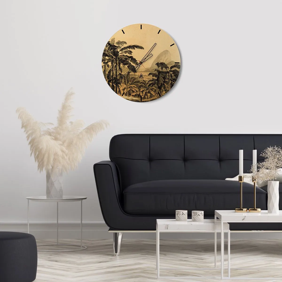 Relógio de parede - Relógio em vidro - Bananas e uma paisagem tropical retrô - 30x30cm - num clima colonial - Decoração de parede moderna para a sala de estar, cozinha e quarto ARTTOR