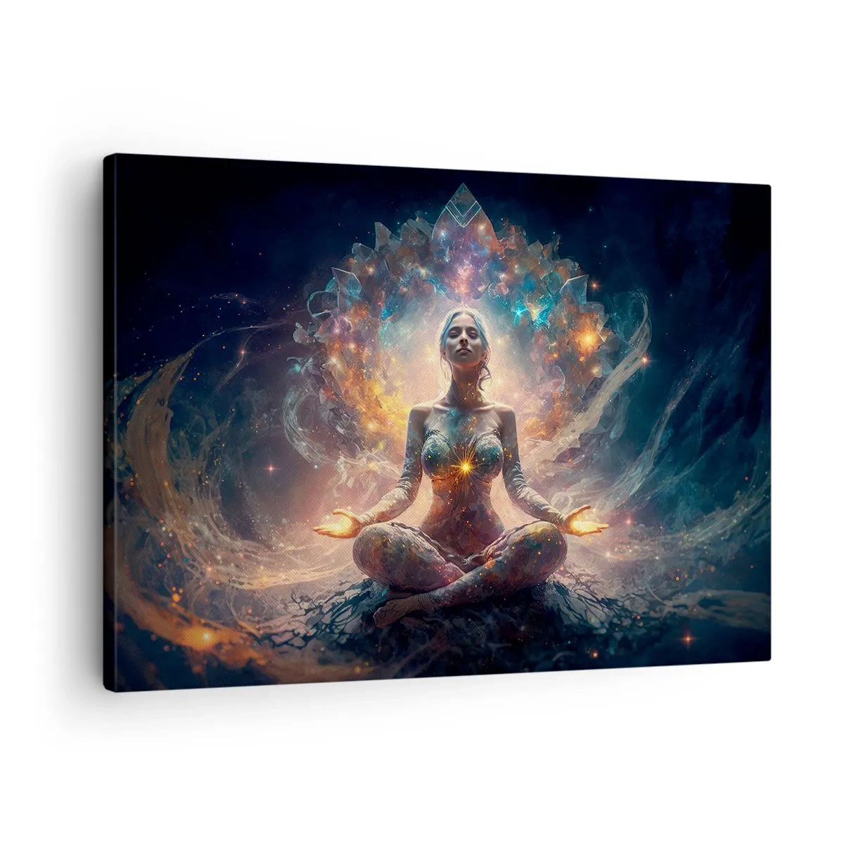 Quadro em tela - Uma figura meditando cercada por padrões e cores energéticas. - 70x50cm - Fluxo de boa energia - Decoração de parede moderna para a sala de estar e quarto ARTTOR