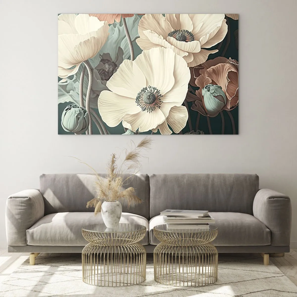 Quadro em vidro - Papoulas delicadas de creme e salmão em um fundo escuro - 70x50cm - O sussurro das papoulas - Decoração de parede moderna para a sala de estar e quarto ARTTOR