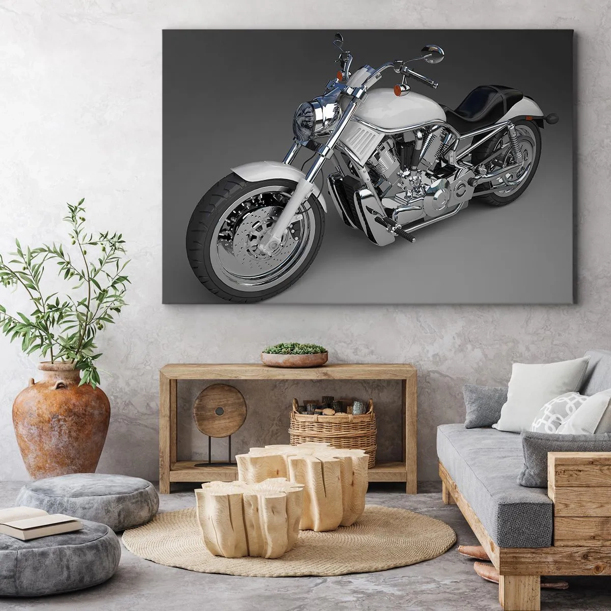 Quadro em tela - Motocicleta cruiser branca em fundo cinza - 70x50cm - Dá vontade de se ajoelhar - Decoração de parede moderna para a sala de estar e quarto ARTTOR