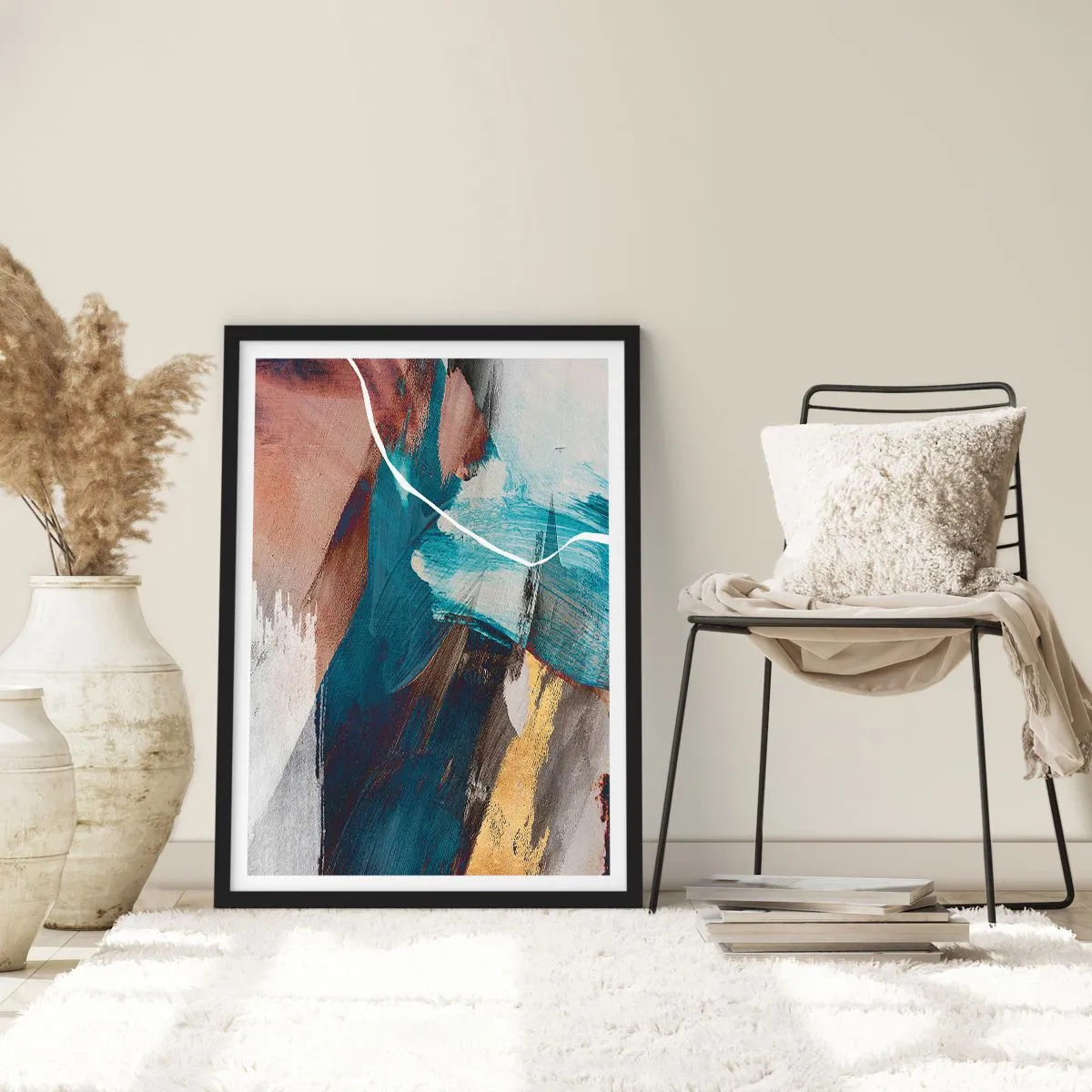 Pôster com moldura preta - Abstração expressiva em tons de azul e dourado - 50x70cm - Com elegância e energia - Decoração de parede moderna para a sala de estar e quarto ARTTOR