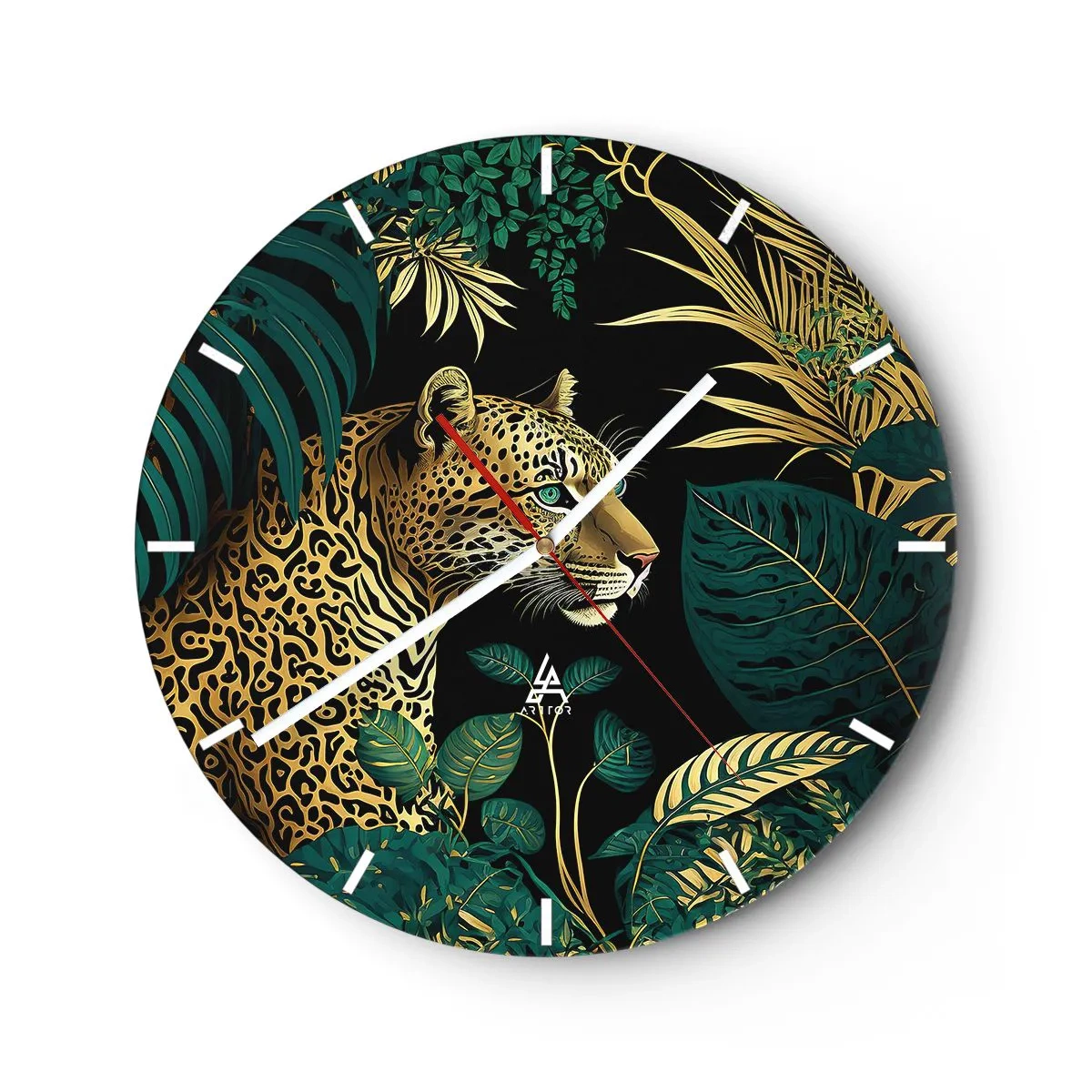Relógio de parede - Relógio em vidro - Leopardo entre folhas tropicais em um fundo preto - 30x30cm - Um anfitrião na selva - Decoração de parede moderna para a sala de estar, cozinha e quarto ARTTOR