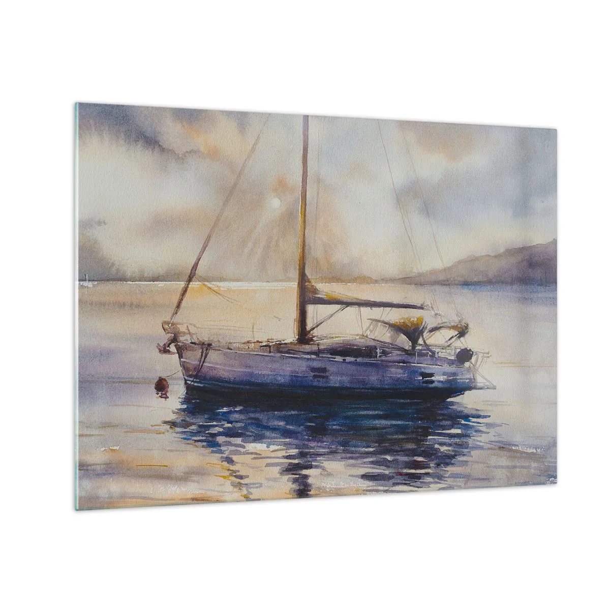 Quadro em vidro - Um iate atracado em uma baía tranquila ao anoitecer - 70x50cm - Noite na baía - Decoração de parede moderna para a sala de estar e quarto ARTTOR