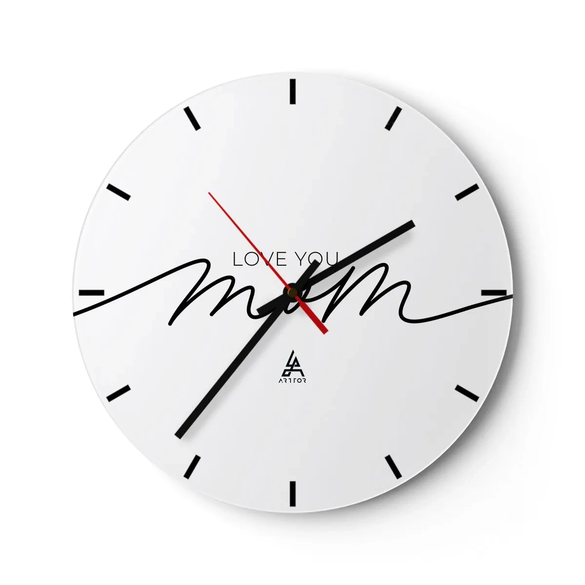 Relógio de parede - Relógio em vidro - A inscrição Love You Mom em um fundo branco em um estilo elegante - 30x30cm - Uma grande emoção - Decoração de parede moderna para a sala de estar, cozinha e quarto ARTTOR