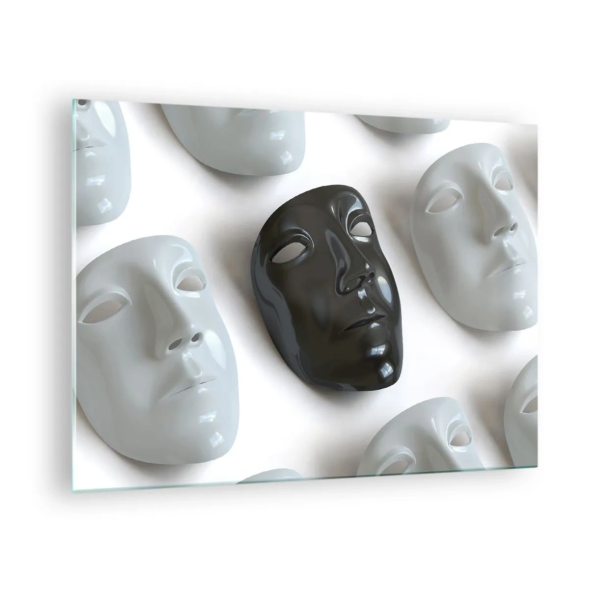 Quadro em vidro - Uma máscara preta e branca sobre um fundo de máscaras brancas sobre um fundo claro - 70x50cm - Como se destacar? - Decoração de parede moderna para a sala de estar e quarto ARTTOR