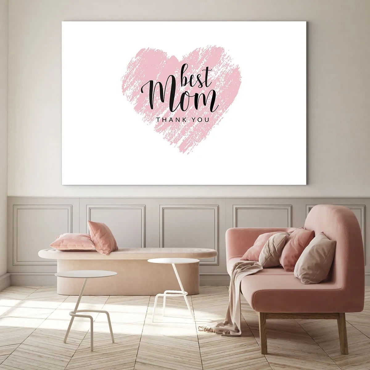 Quadro em vidro - Um coração rosa com as palavras "Melhor Mãe" em um fundo branco - 70x50cm - Sempre o momento certo - Decoração de parede moderna para a sala de estar e quarto ARTTOR