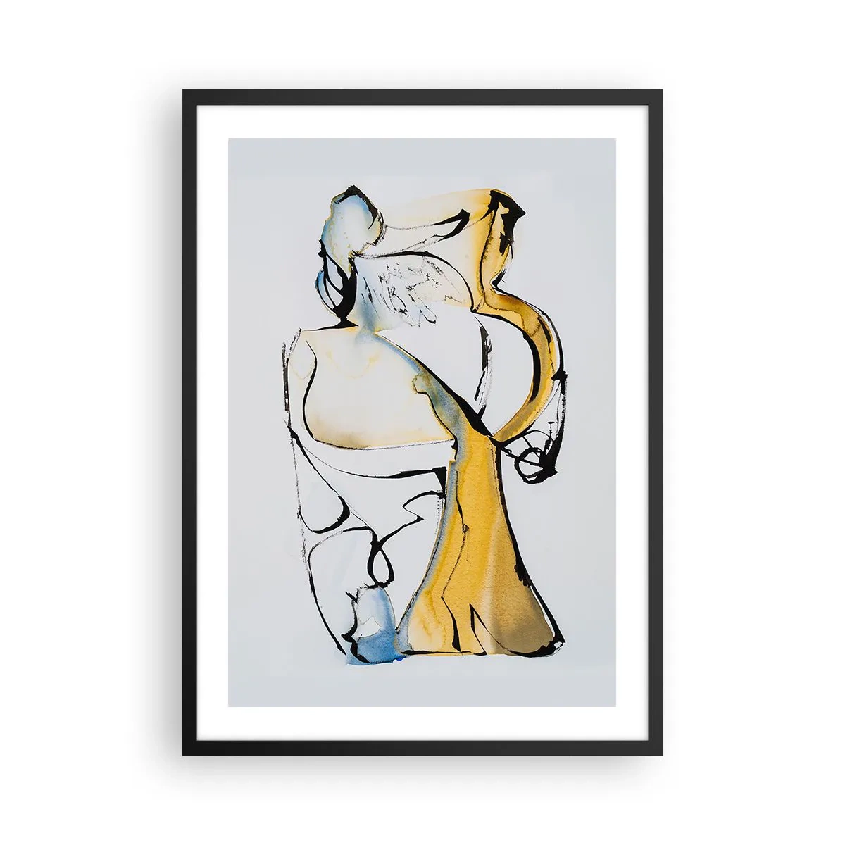 Pôster com moldura preta - Uma figura abstrata em preto, amarelo e azul, expressando movimento e emoção. - 50x70cm - Abstração de vidro - Decoração de parede moderna para a sala de estar e quarto ARTTOR