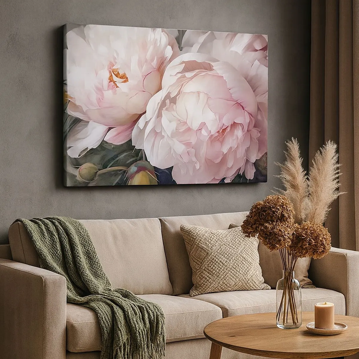 Quadro em tela - Delicadas peônias rosas em plena floração - 70x50cm - Parou no florescer - Decoração de parede moderna para a sala de estar e quarto ARTTOR