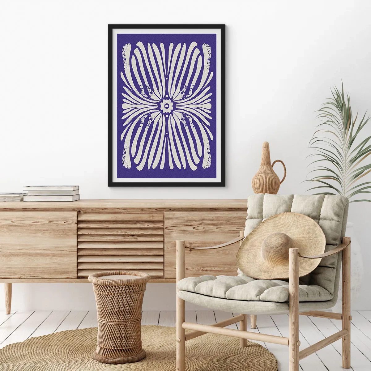 Pôster com moldura preta - Padrão floral retrô simétrico em fundo azul marinho - 50x70cm - Inspirações étnicas - Decoração de parede moderna para a sala de estar e quarto ARTTOR