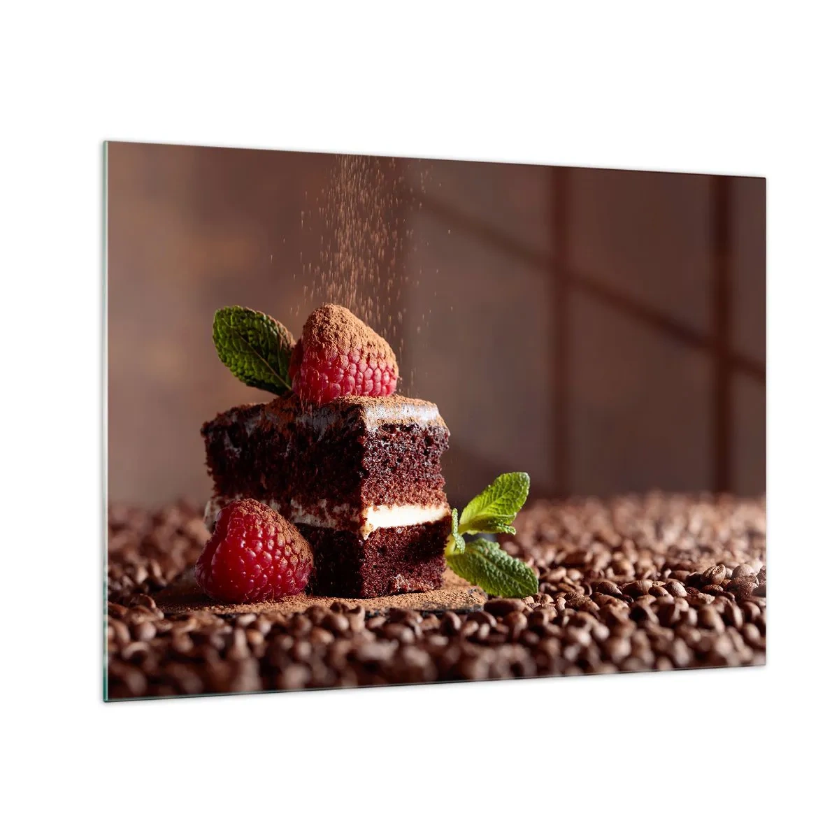 Quadro em vidro - Sobremesa de chocolate com framboesas e folhas de hortelã - 70x50cm - A vida é doce - Decoração de parede moderna para a sala de estar e quarto ARTTOR