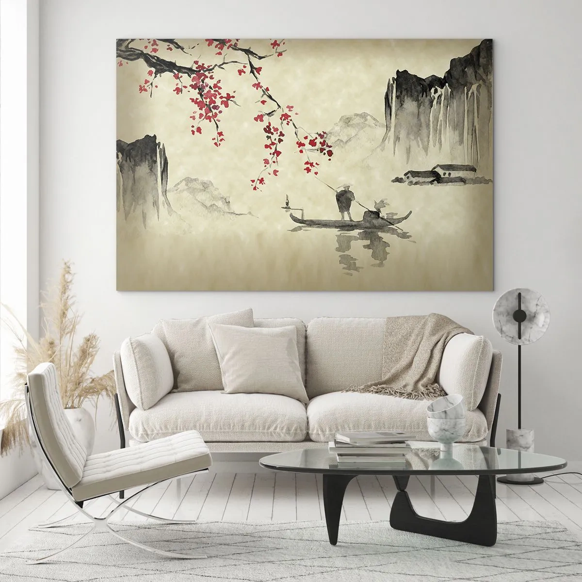 Quadro em vidro - Cena de pesca oriental com galhos de flores de cerejeira e montanhas - 70x50cm - Na terra do sol nascente - Decoração de parede moderna para a sala de estar e quarto ARTTOR