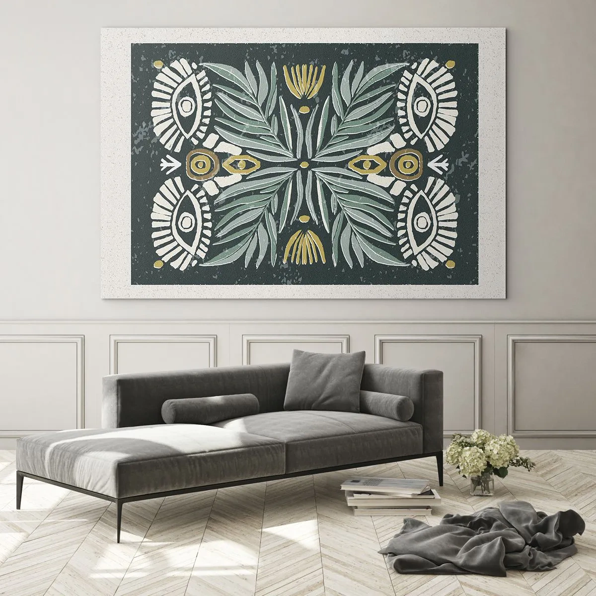 Quadro em vidro - Uma composição simétrica de folhas e padrões em estilo folclórico - 70x50cm - Como um recorte folclórico - Decoração de parede moderna para a sala de estar e quarto ARTTOR