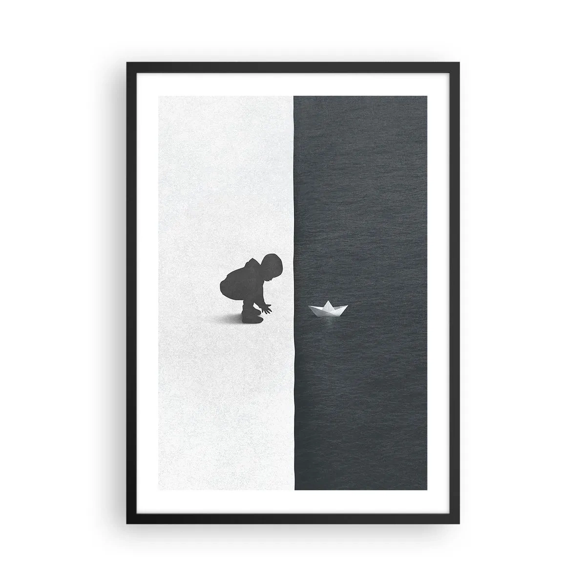 Pôster com moldura preta - Uma criança inclinada sobre a água com um barquinho de papel - 50x70cm - Grande expedição - Decoração de parede moderna para a sala de estar e quarto ARTTOR