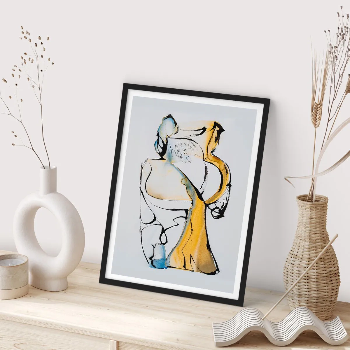 Pôster com moldura preta - Uma figura abstrata em preto, amarelo e azul, expressando movimento e emoção. - 50x70cm - Abstração de vidro - Decoração de parede moderna para a sala de estar e quarto ARTTOR