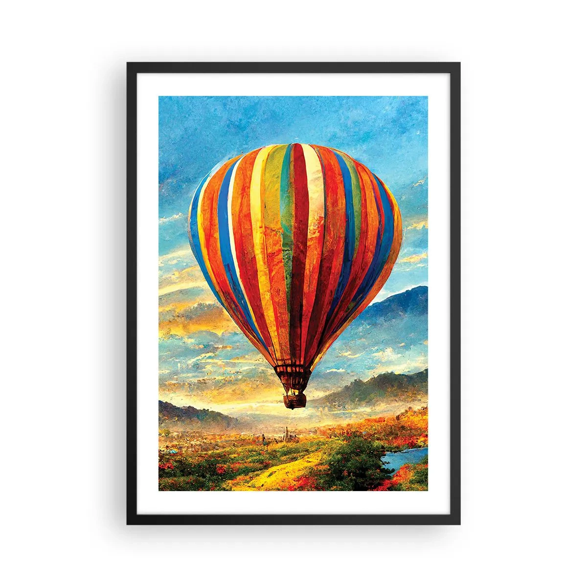 Pôster com moldura preta - Um balão colorido sobre uma paisagem pitoresca - 50x70cm - Com silêncio enxergas mais - Decoração de parede moderna para a sala de estar e quarto ARTTOR