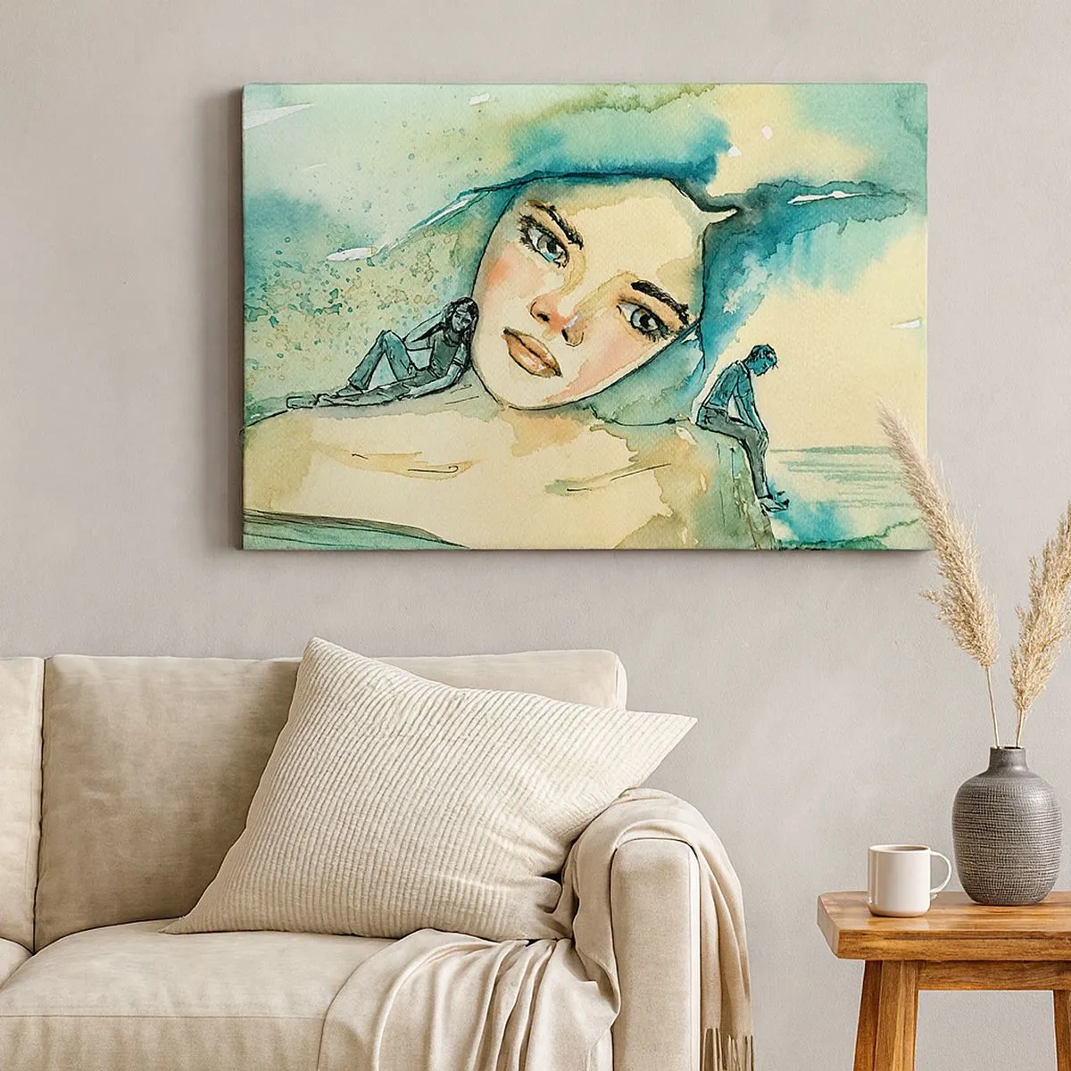 Quadro em tela - Aquarela de rosto de mulher com motivo reflexivo - 70x50cm - Am I blue? - Decoração de parede moderna para a sala de estar e quarto ARTTOR